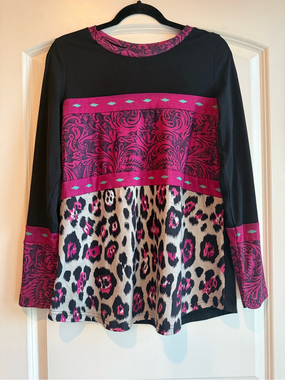 Crazy Train Black and Magenta Mixed-Print Long Sleeve Top